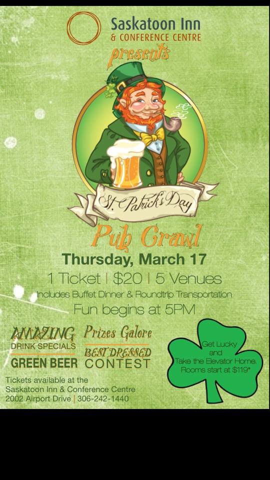 Join us this #StPatricksDay for our 1st #PubCrawl 5 venues, 1 ticket $20