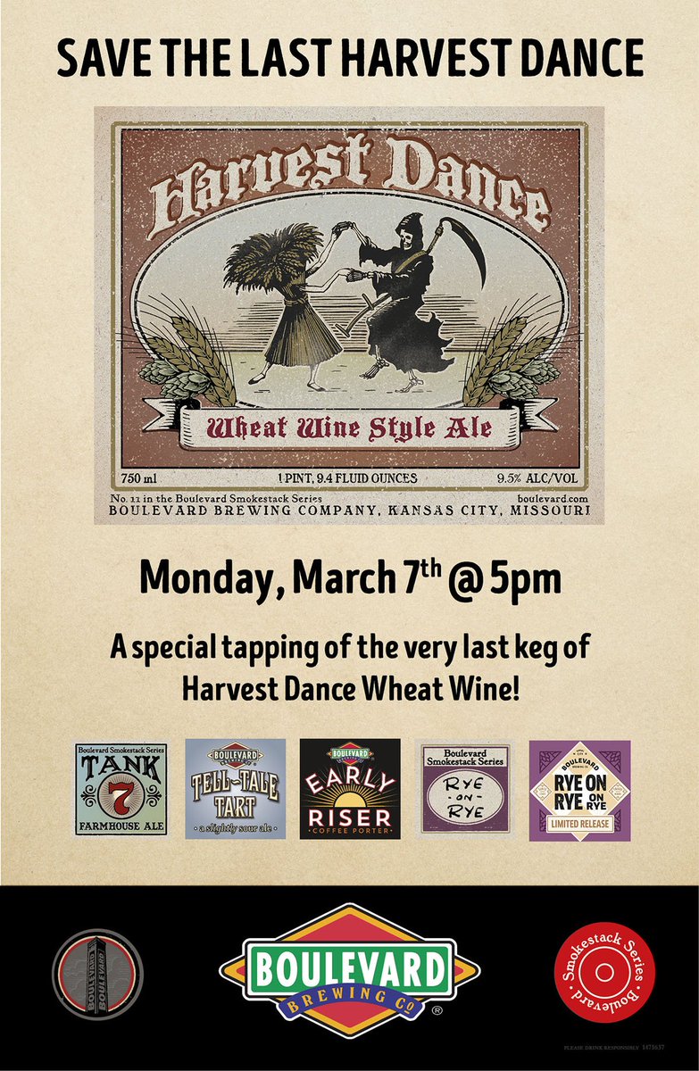 Last chance to try <a href="/Boulevard_Beer/">Boulevard Brewing Co.</a> Harvest Dance Wheat Wine today. <a href="/Busterson28th/">Buster's on 28th</a>. <a href="/BoulevardMN/">BoulevardBrewing MN</a>