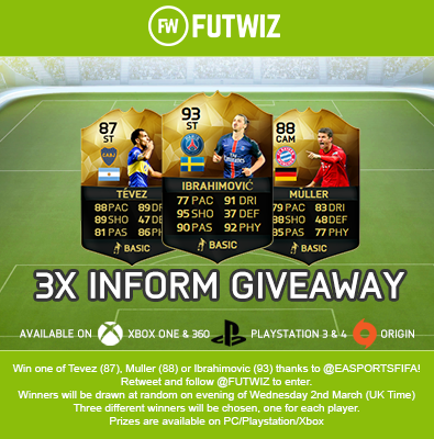 Win Tevez(87)/Muller(88)/Ibrahimovic(93)! Follow+RT to enter, winners drawn Weds 2nd March futwiz.com/en/news/articl…