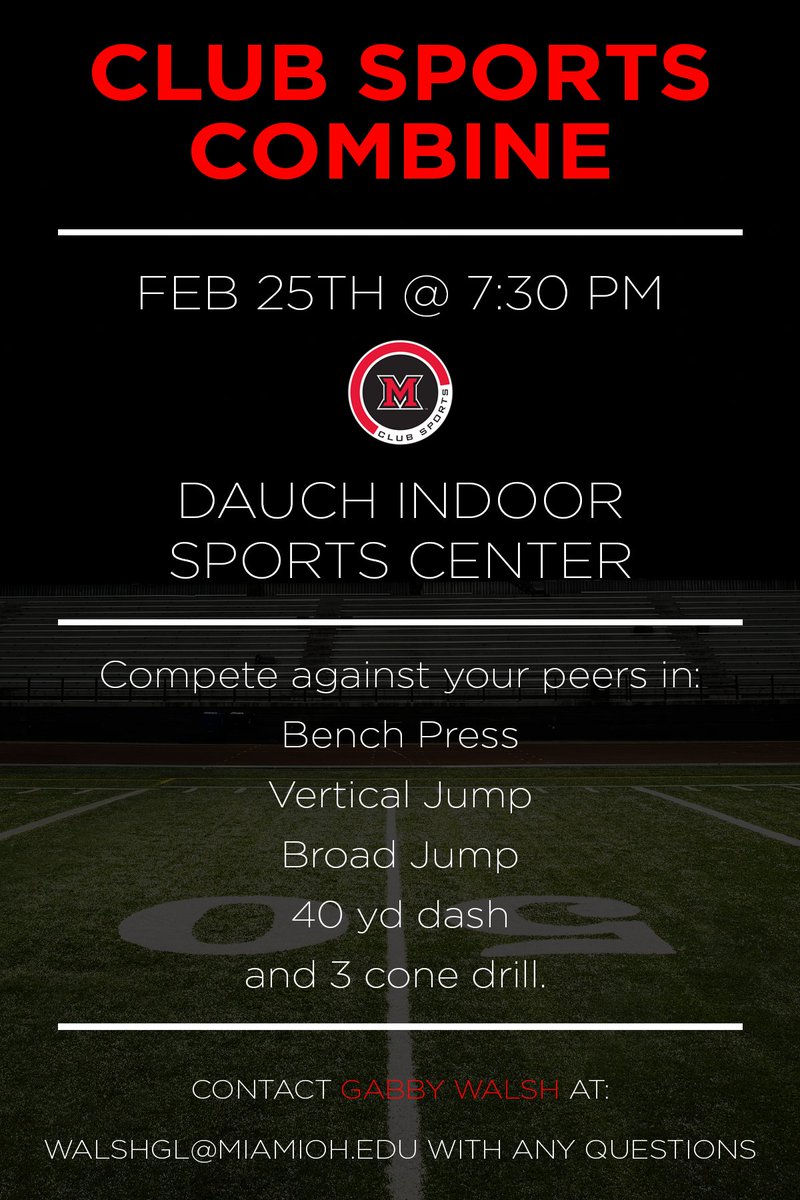 MiamiRecSports's tweet photo. Club Sports is hosting a Combine for IFC! They'll be doing the bench press, 40 yd dash, vertical jump &amp; more! https://t.co/gZcEZJXP0x