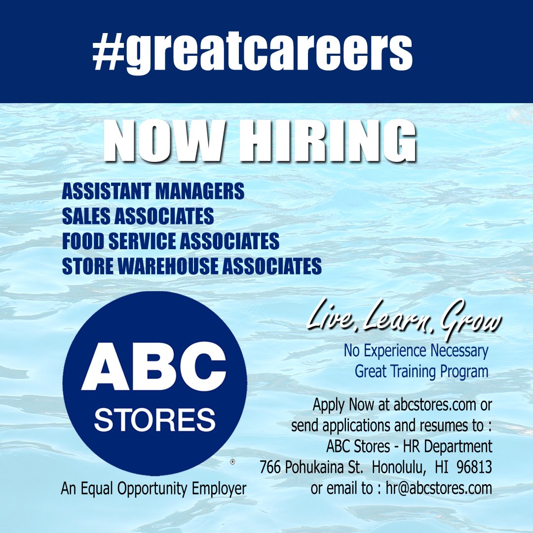 abcstoreshawaii's tweet photo. #careers Now Hiring! Great Career Opportunities w/ Great Things To Come. Be a part of it.  Now is the right time. https://t.co/X0QE2j7l1d