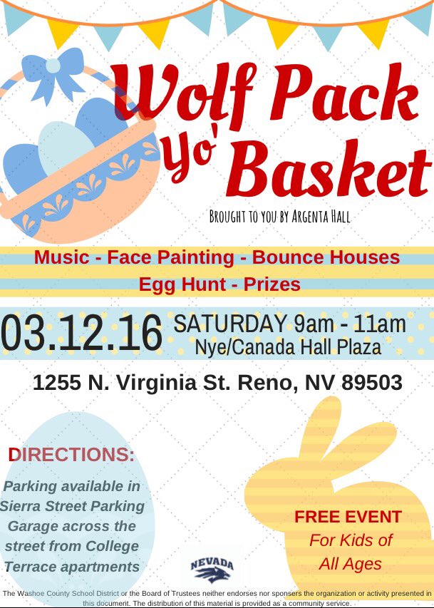 Join us at Wolf Pack Yo' Basket, Saturday March 12th from 9am - 12Pm! Free event with music, an egg hunt and more!