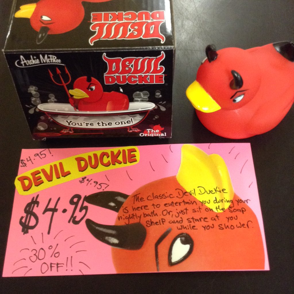 archiestore's tweet photo. Mark's Pick this week is the classic Devil Duckie! #staringcontest #devilduckie #hotbath #seattle https://t.co/MWnhxaOhI4