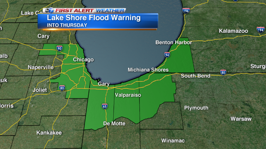 TroyABC7's tweet photo. LAKE SHORE FLOOD WARNING remains in effect into Thursday.  Dangerous conditions on &amp; along Lake Michigan #Chicago https://t.co/XS9vjdbZDT
