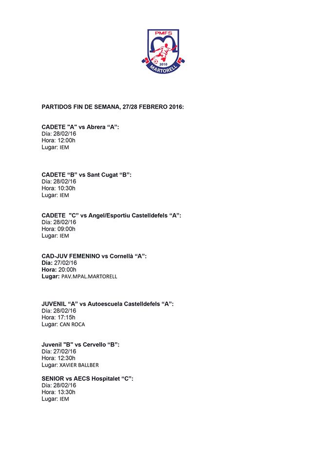 PARTIDOS FIN DE SEMANA, 27/28 FEBRERO 2016: