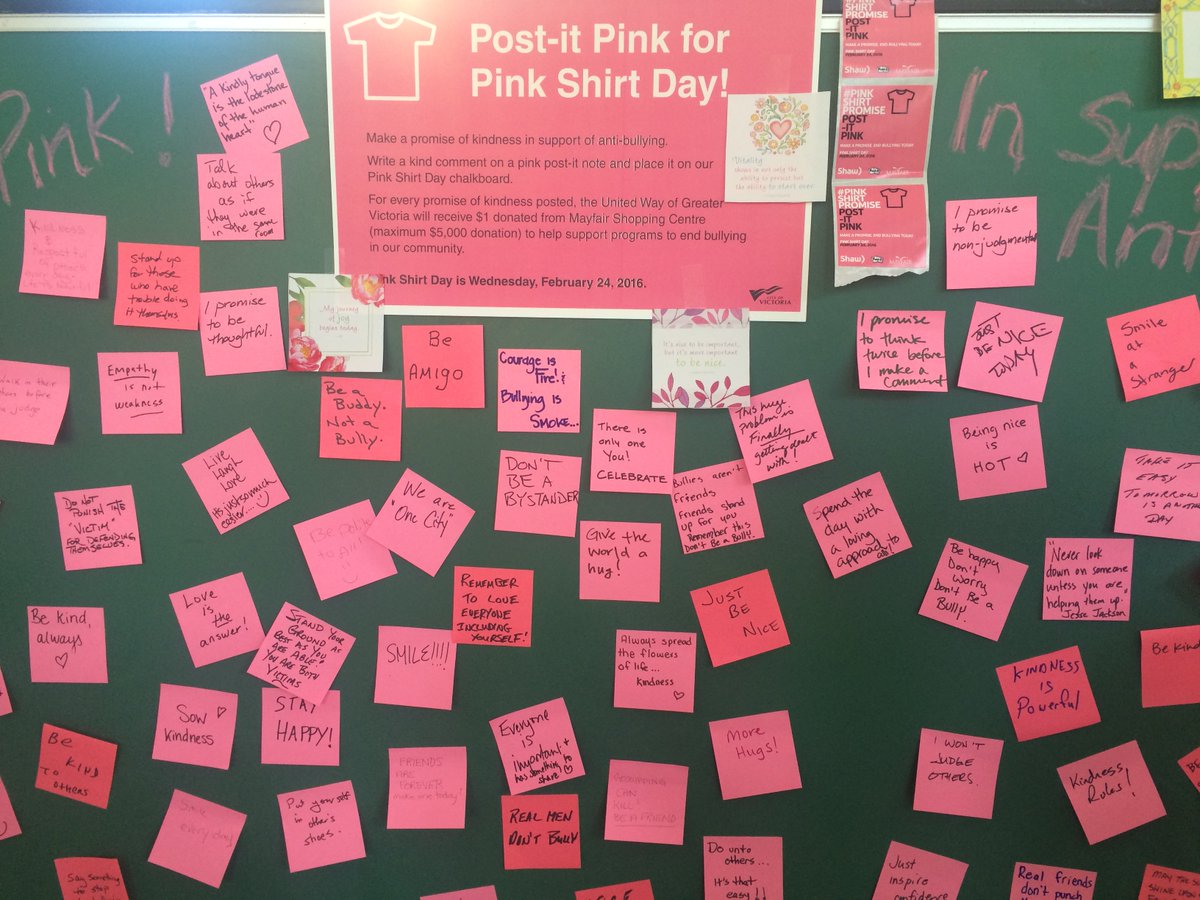 Pink is in, bullying is out for #PinkShirtDay. Post #kindness notes today. Raise $ for @uwgv ow.ly/YFcRS