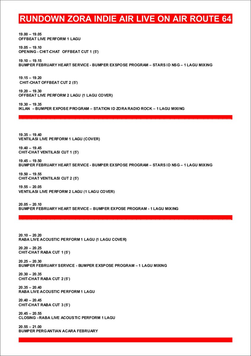Rundown #ZoraIndieAirLiveOnAir @route64bandung w/ @RABA_OFFICIAL <a href="/offbeatbandID/">-OFFBEAT-</a> #VentilasiMusik cc: @zoraradio
