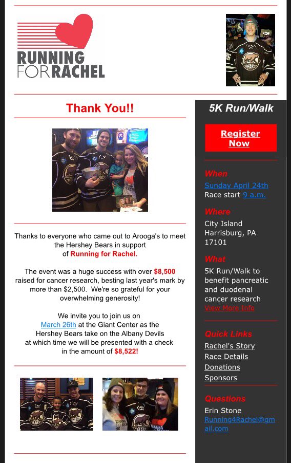 Running4Rachel's tweet photo. THANK YOU ❤️ join us March 26th @TheHersheyBears game. We will be presented w/the check for $8,522😊 during the game! https://t.co/UuXWGUSvfs