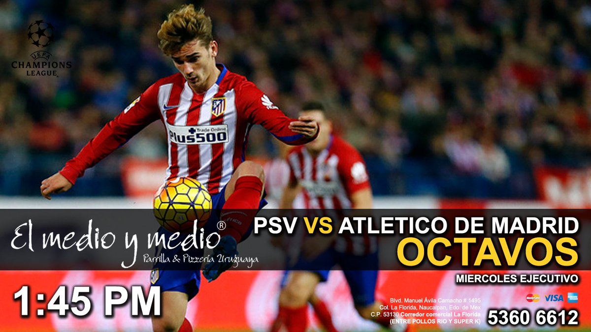 ElMedioyMedio's tweet photo. #ChampionsLeague Gran partido de Octavos de final !!
PSV vs Atlético de Madrid
1:45 PM @CdSatelite @restaurantecafe https://t.co/5uYSMokibN