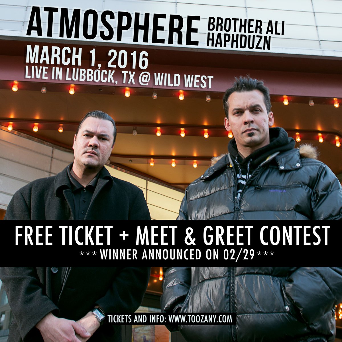 TooZany's tweet image. ATMOSPHERE + Brother Ali &amp;amp; more on 3/1 in Lubbock, TX!
RT &amp;amp; follow to enter to win FREE TIX + MEET &amp;amp; GREET!