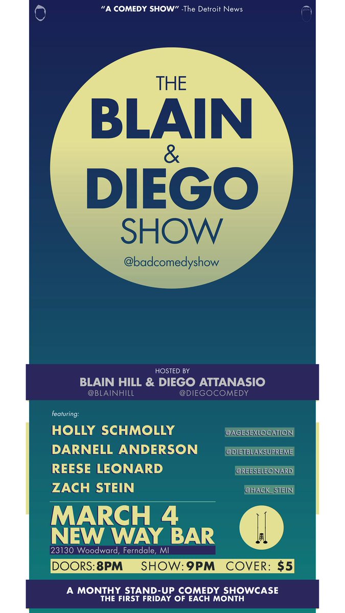 BADComedyShow's tweet photo. March 4! @newwayferndale w/ @age5exlocation, @darnell_IRL, @ReeseLeonard, &amp; @hack_stein. Cheap booze &amp; great jokes! https://t.co/K9ufNYd8ZZ