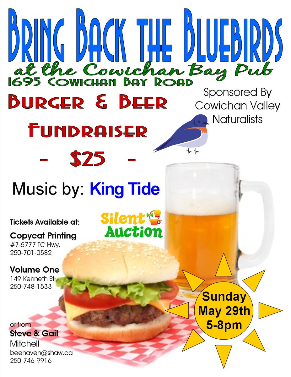 garryoakeco's tweet photo. May 29 at Cowichan Bay Pub: Great food &amp; entertainment, + fundraiser for Bring Back the Bluebirds! Get your tickets! https://t.co/9cGEymmaMQ
