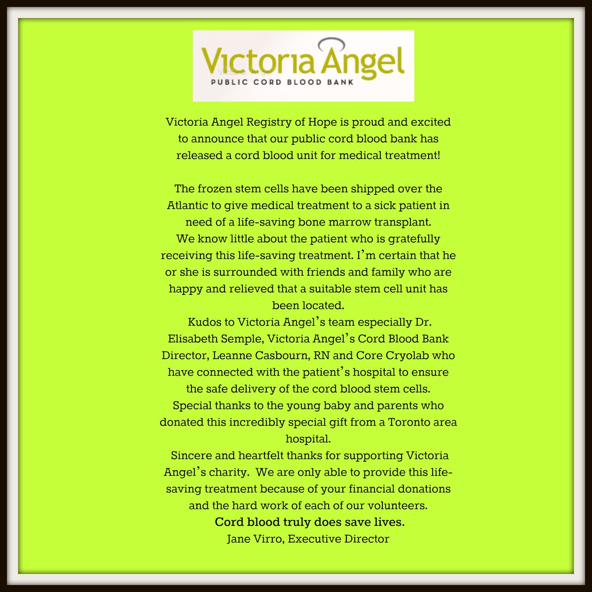 _VictoriaAngel's tweet image. #BREAKING VA News! We are so thrilled one of our #cordblood units has been released for a patient in need overseas!