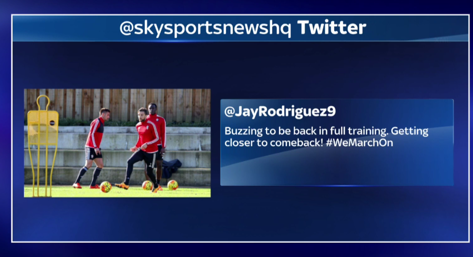 SkySportsNews's tweet photo. Good news #saintsfc fans, Jay Rodriguez is edging closer to a return #SSNHQ https://t.co/usXgkuGqJX