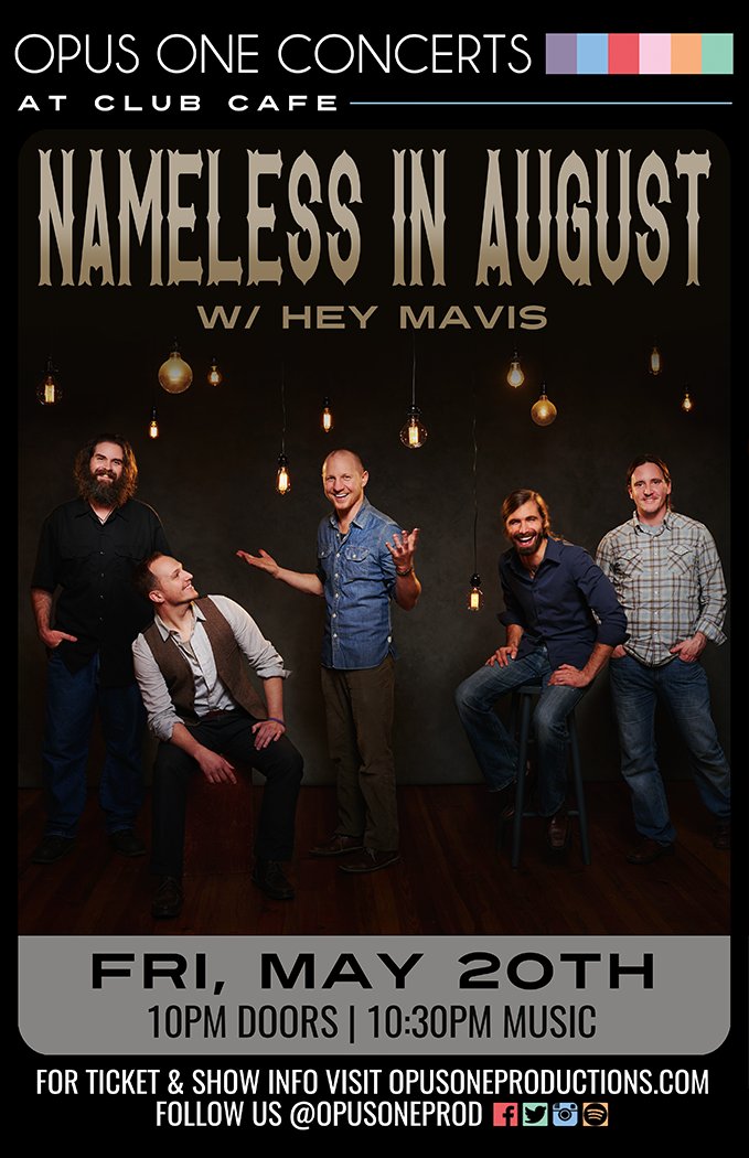 NEW SHOW! <a href="/ClubCafeLive/">Club Cafe</a> Fri 5/20 Late Show: <a href="/NiaMusic/">Nameless in August</a> w/ Hey Mavis! On Sale Fri at 10am: tktwb.tw/1R2i57Y