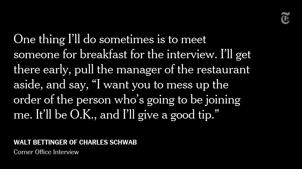 nytimesbusiness's tweet photo. How the chief executive of Charles Schwab hires people with character: https://t.co/8sxGs7jIgP https://t.co/lriNLYWS6d