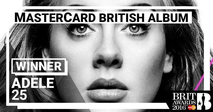 MastercardUK's tweet photo. Winner of the MasterCard British Album of the Year: @Adele for the incredible '25' https://t.co/RXPZMS9gbS #BRITs https://t.co/xYqHkcmSrK