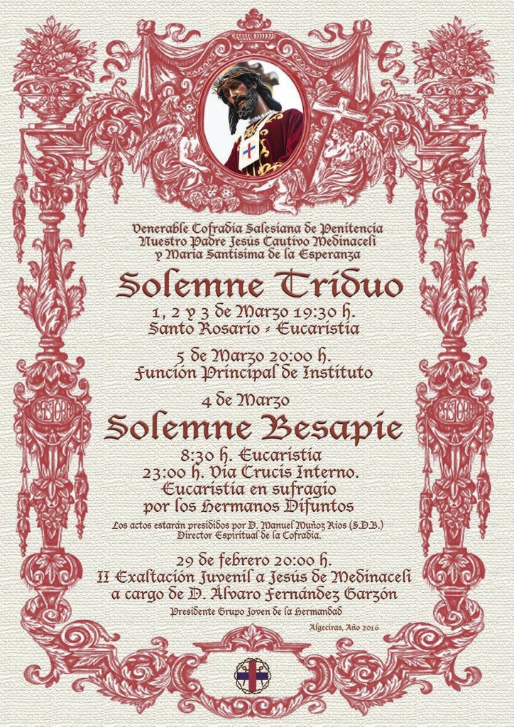 MedinaceliAlgec's tweet photo. Cultos en honor de Nuestro Titular Jesús de Medinaceli. El Señor de Algeciras te espera en la Capilla de San Isidro https://t.co/ow8XC0PQfr
