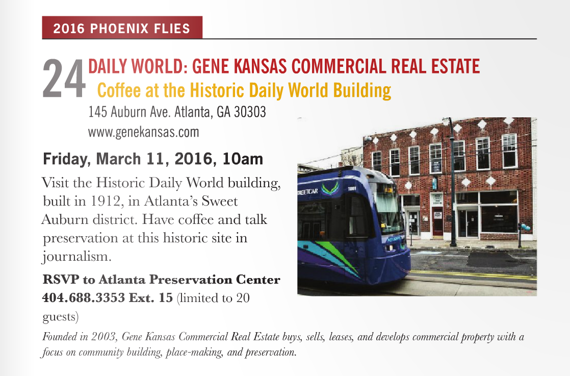 Gene_Kansas's tweet photo. Sip @CondesaCoffee &amp; talk preservation at historic Daily World Building in Sweet Auburn, March 11th. Please join us! https://t.co/6mGVkxJekt