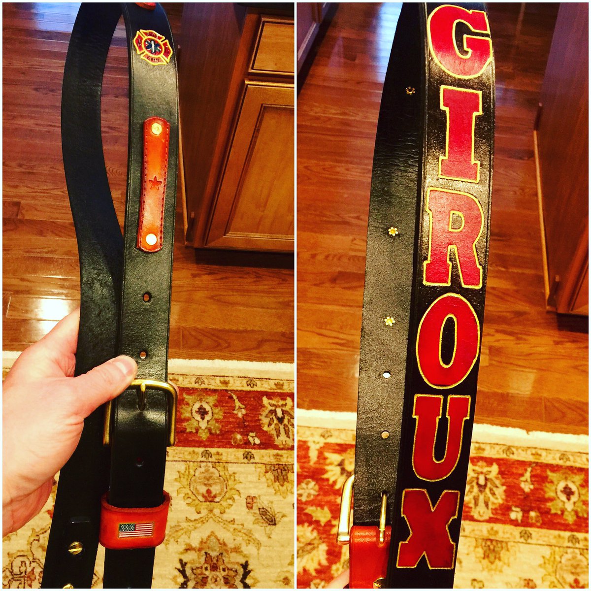 FFShields's tweet image. Front and back of a two tone strap with hand carved 2" letters.