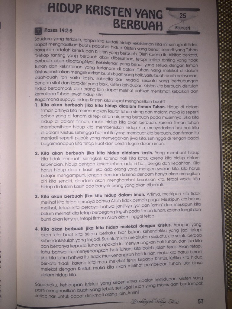 PastorGilbertL's tweet image. Renungan Firman Tuhan, Kamis 25 Feb'16 "Hidup Kristen yg Berbuah" diambil dari buku: Berdampak Setiap Hari