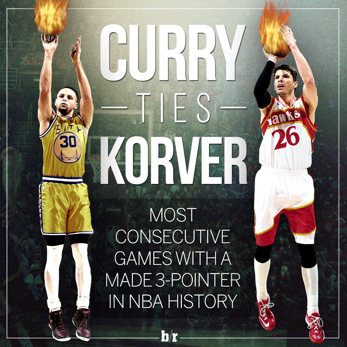BleacherReport's tweet image. Steph Curry ties Kyle Korver for the most consecutive games with a made three! (127) 🔥