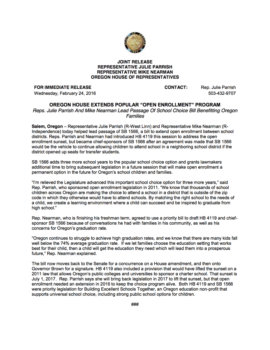 RepNearman's tweet image. Oregon House Extends Popular Open Enrollment Program #orleg #orpol oregonlegislature.gov/parrish/Docume…