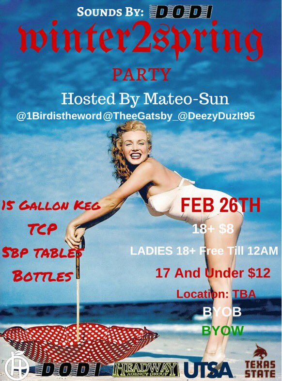 Mateo_Sun's tweet photo. #Winter2Spring
Is now on Friday, doors open @ 10:30! Turn up, bring you're friends. Tryna turn up with the city. https://t.co/KlrOuC7Ele
