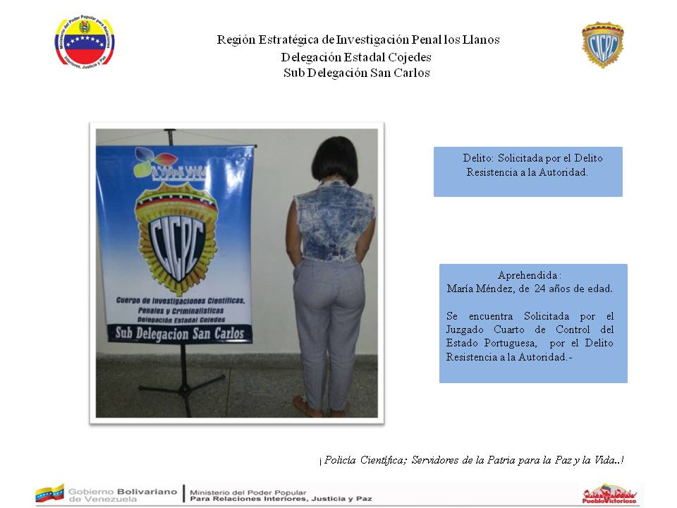 CICPC0258's tweet photo. S/D San Carlos. Fue Aprehendida una Ciudadana  que se encuentra Solicitada por el Delito Resistencia a la Autoridad. https://t.co/UO4Gwk3yXA