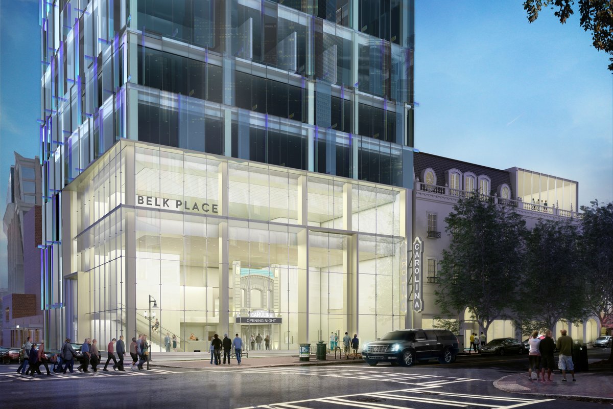 New rendering of the base of the Carolina Theatre project. An upscale 20-story hotel is planned atop the new lobby.