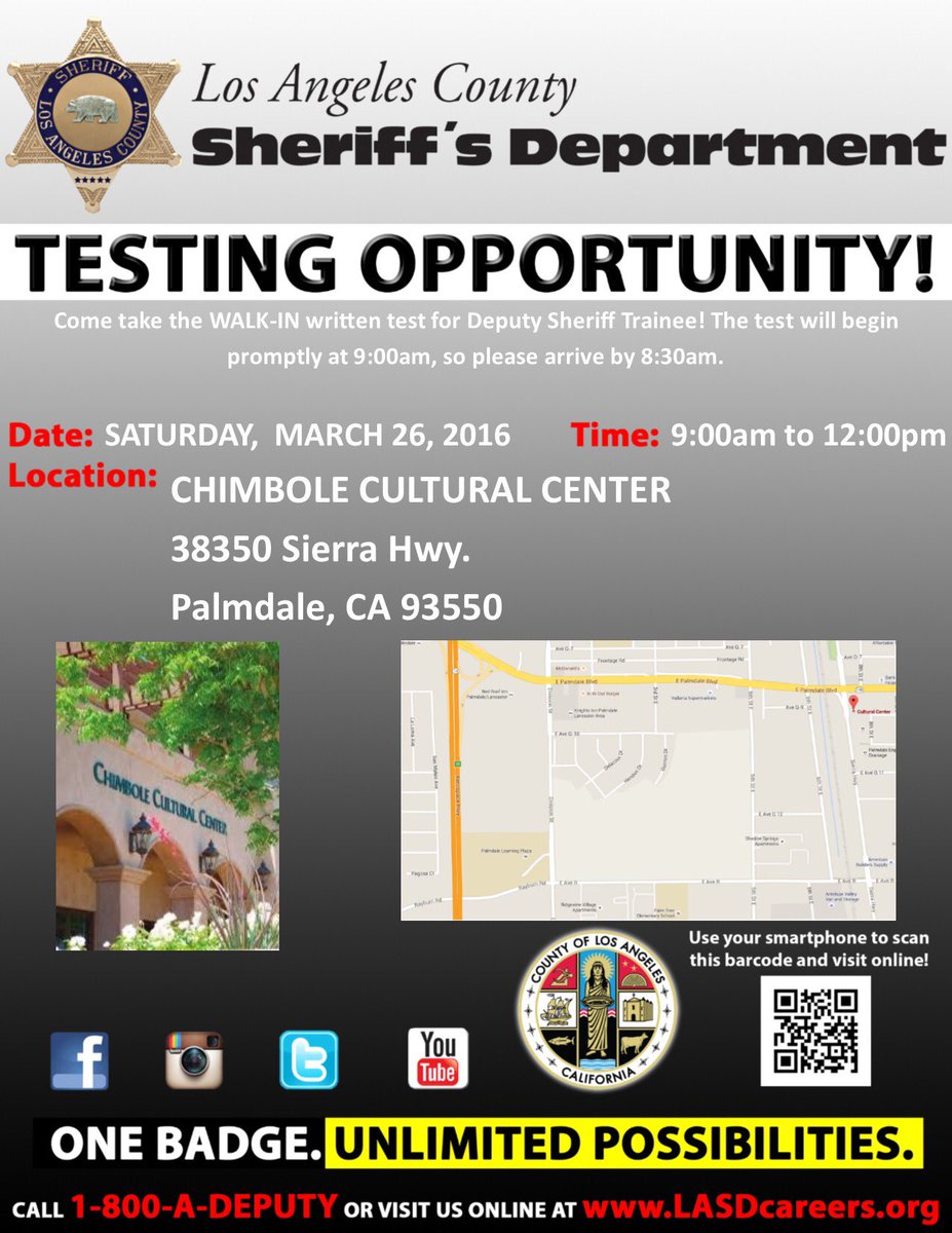LASDMIKE1's tweet photo. Join us March 26th in Palmdale to test for the position of Deputy Sheriff Trainee! @joinLASD @mpLASD https://t.co/2WKnAvdouD