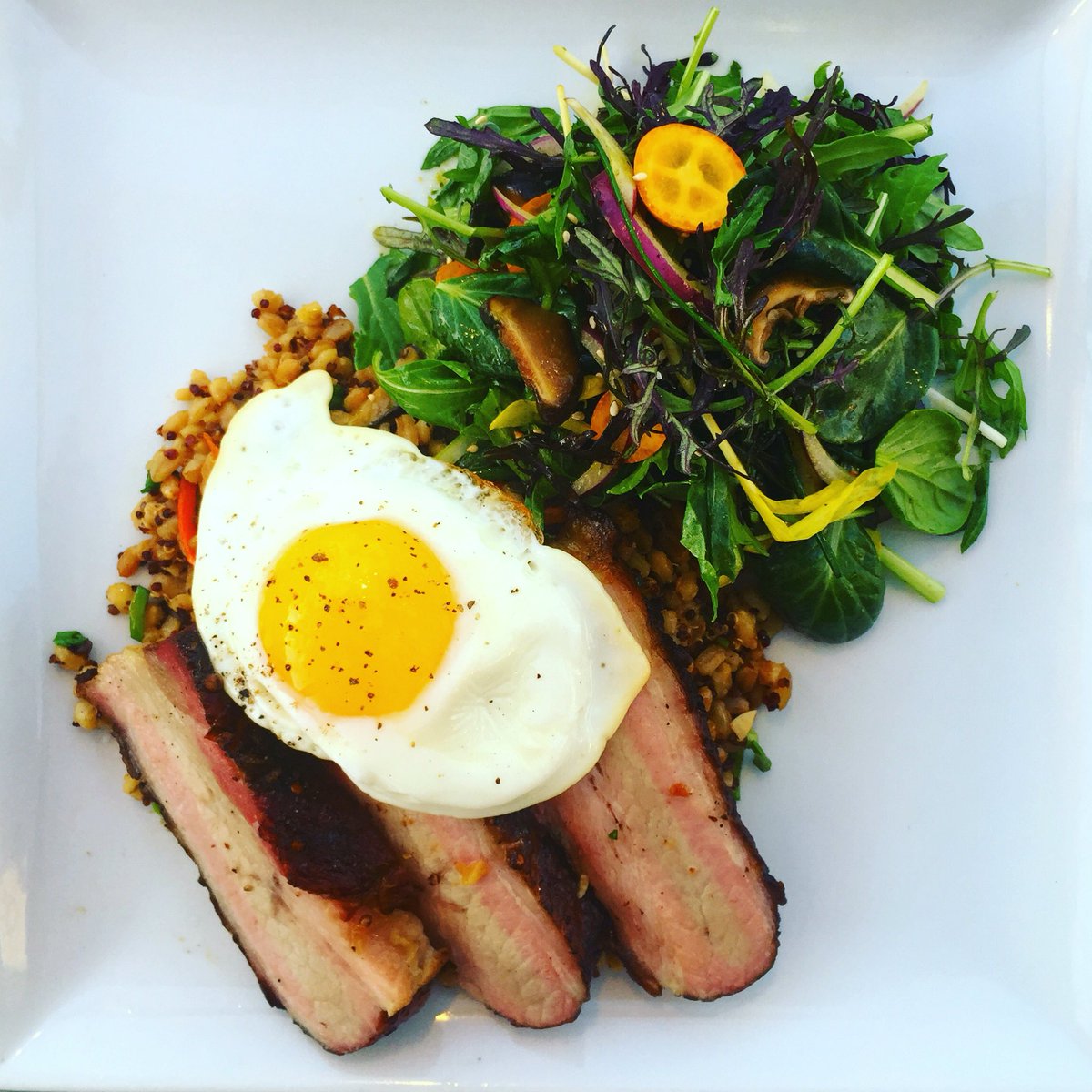 #TGMV House Cured Pork Belly, Stir Fried Grains w/ Asian greens Kumquats, Pickled Shiitakes,Red Onion &amp; Sesame Vin
