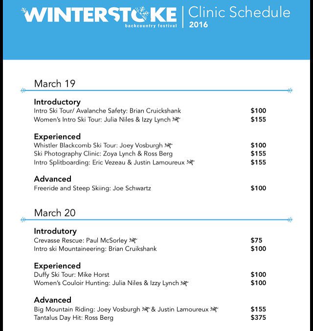 winterstokefest's tweet photo. The #winterstoke2016 clinic schedule. Sunday is almost full. Get in there! Register at https://t.co/UgrCoeT0kZ https://t.co/y8DPORrVvG