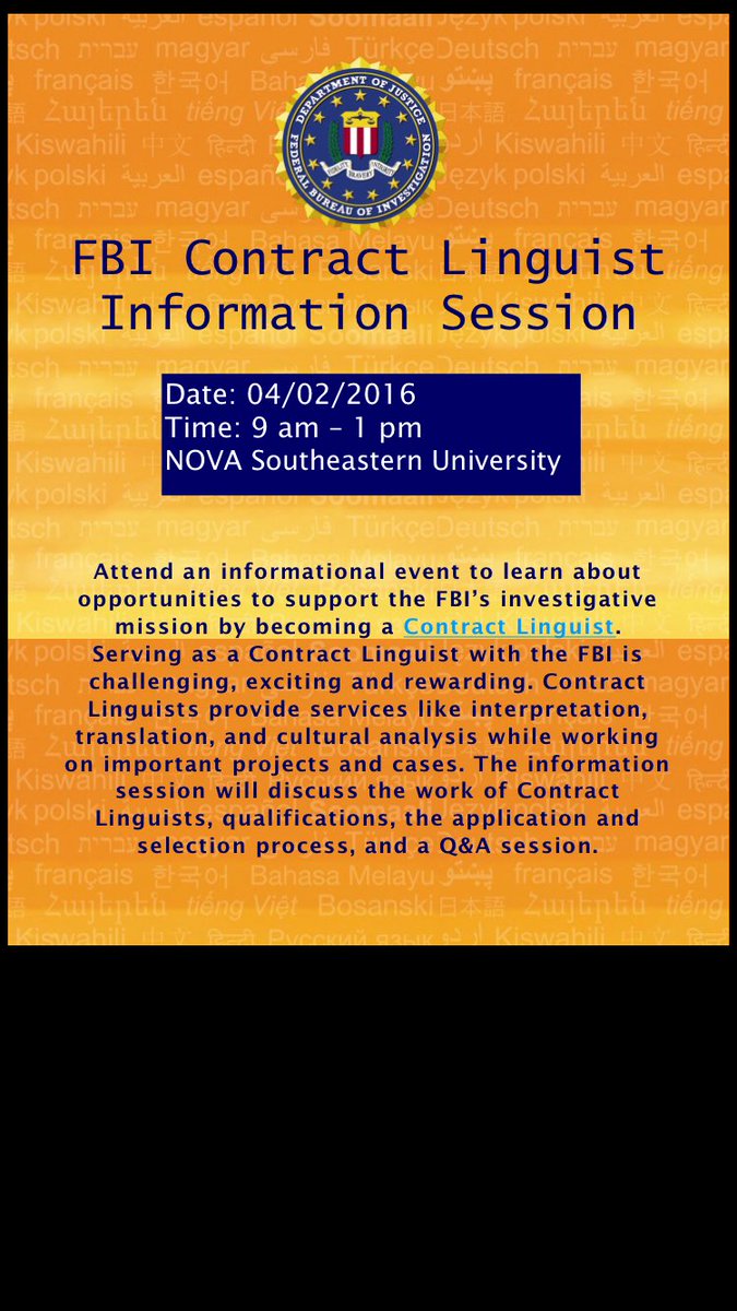 ATIF_Board's tweet photo. FBI CONTRACT LINGUIST INFORMATION SESSION 4/1-4/2 2016 at NOVA Southeastern University! https://t.co/HXJHWNRfCu