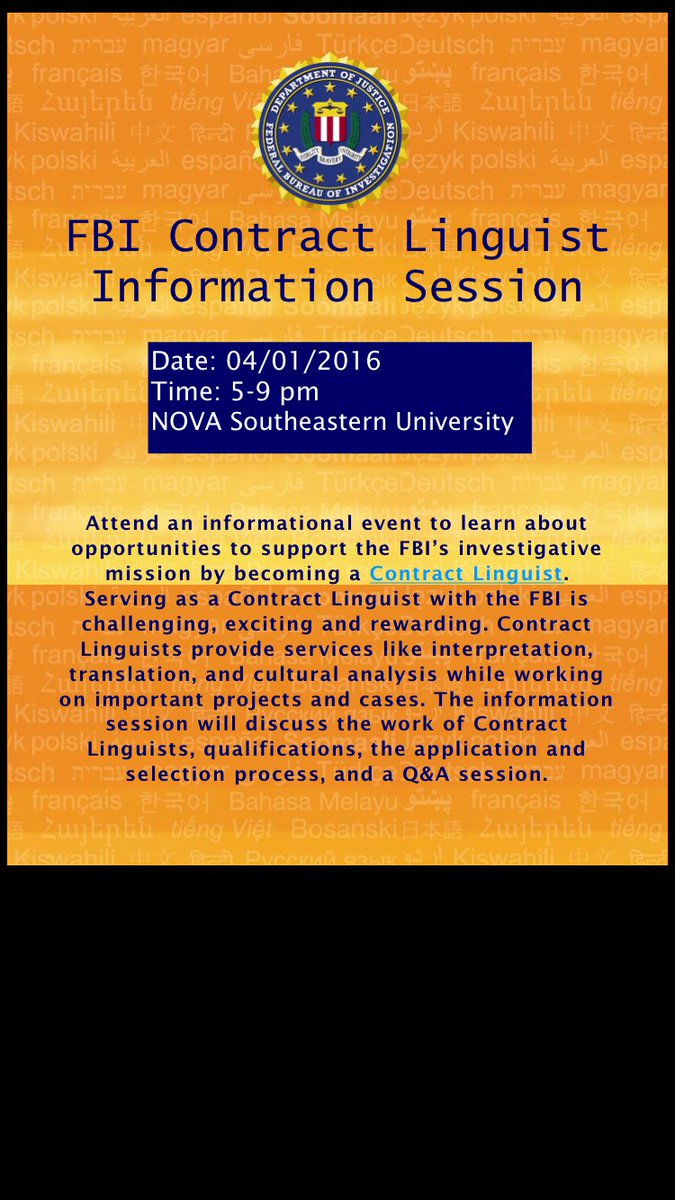 ATIF_Board's tweet photo. FBI CONTRACT LINGUIST INFORMATION SESSION 4/1-4/2 2016 at NOVA Southeastern University! https://t.co/HXJHWNRfCu