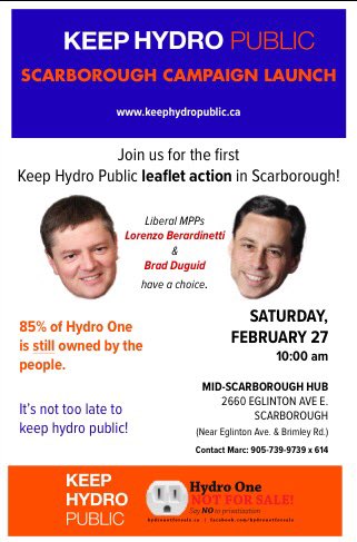 KingsleyKwok's tweet photo. 2/27 #Scarborough campaign to jolt MPP Brad Duguid to speak out against hydro privatization https://t.co/euBoqmpuW0 https://t.co/zCRmakMFmg