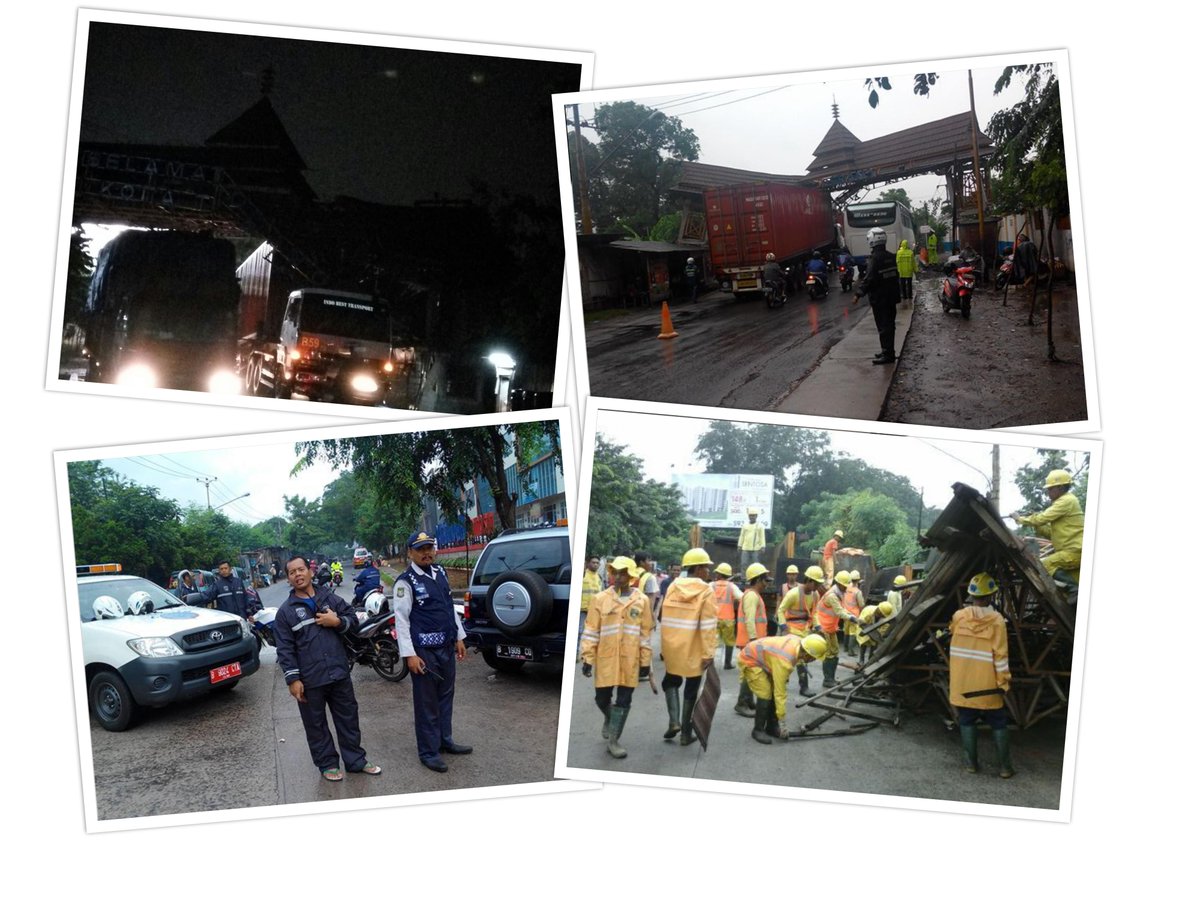 09:43 penanganan gapura roboh akibat tersangkut truk kontainer di Jln Raya Kutabumi. *LiveRoom