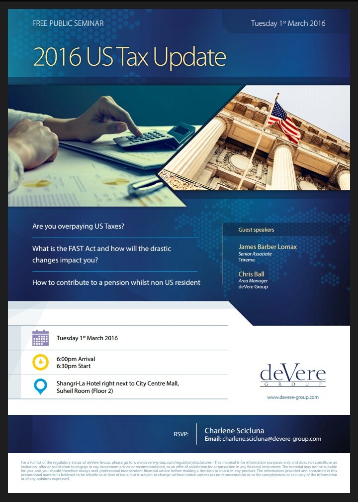 Hanimo79's tweet photo. ***2016 US Tax Update***
Tue 1st March 6pm Shangri-La Hotel. Please PM me to book your seat. 
***FREE TO ATTEND*** https://t.co/sl0EG1JVlE
