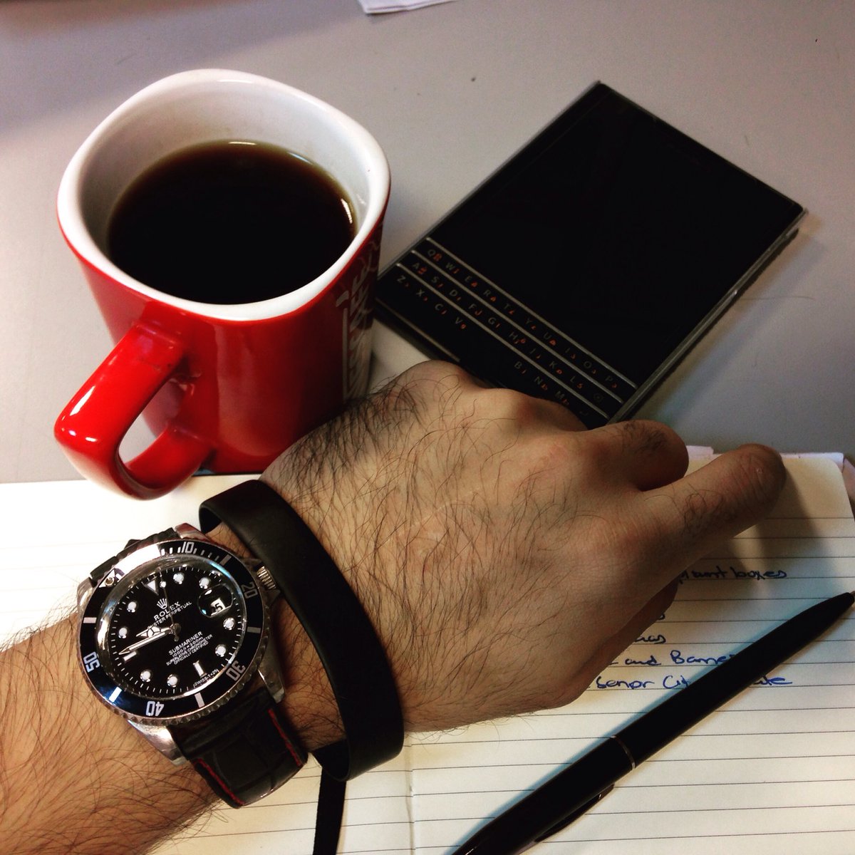 faizanbrohi's tweet photo. #nesacafe #mondani #Rolex #blackberry #passport #morningkick all you need at work @saleemxaman @farazuberi https://t.co/E3eUWVYlO6