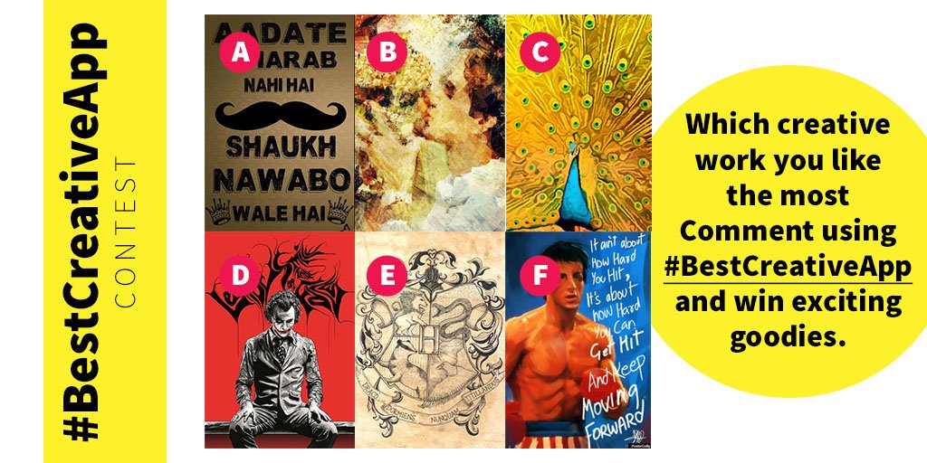 PosterGully's tweet photo. #ContestAlert RT &amp; comment wid ur fav creative work with hashtag #BestCreativeApp 3 lucky winners #win Rs. 5K #gifts https://t.co/T28GGgkYIX