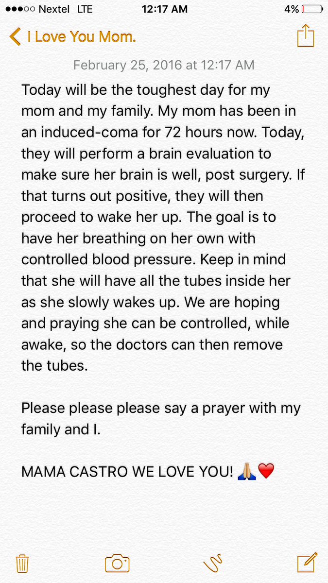 Castro1021's tweet photo. Please pray with us.

Our toughest day is today.

I love you mom. https://t.co/LmSVbCEqhp