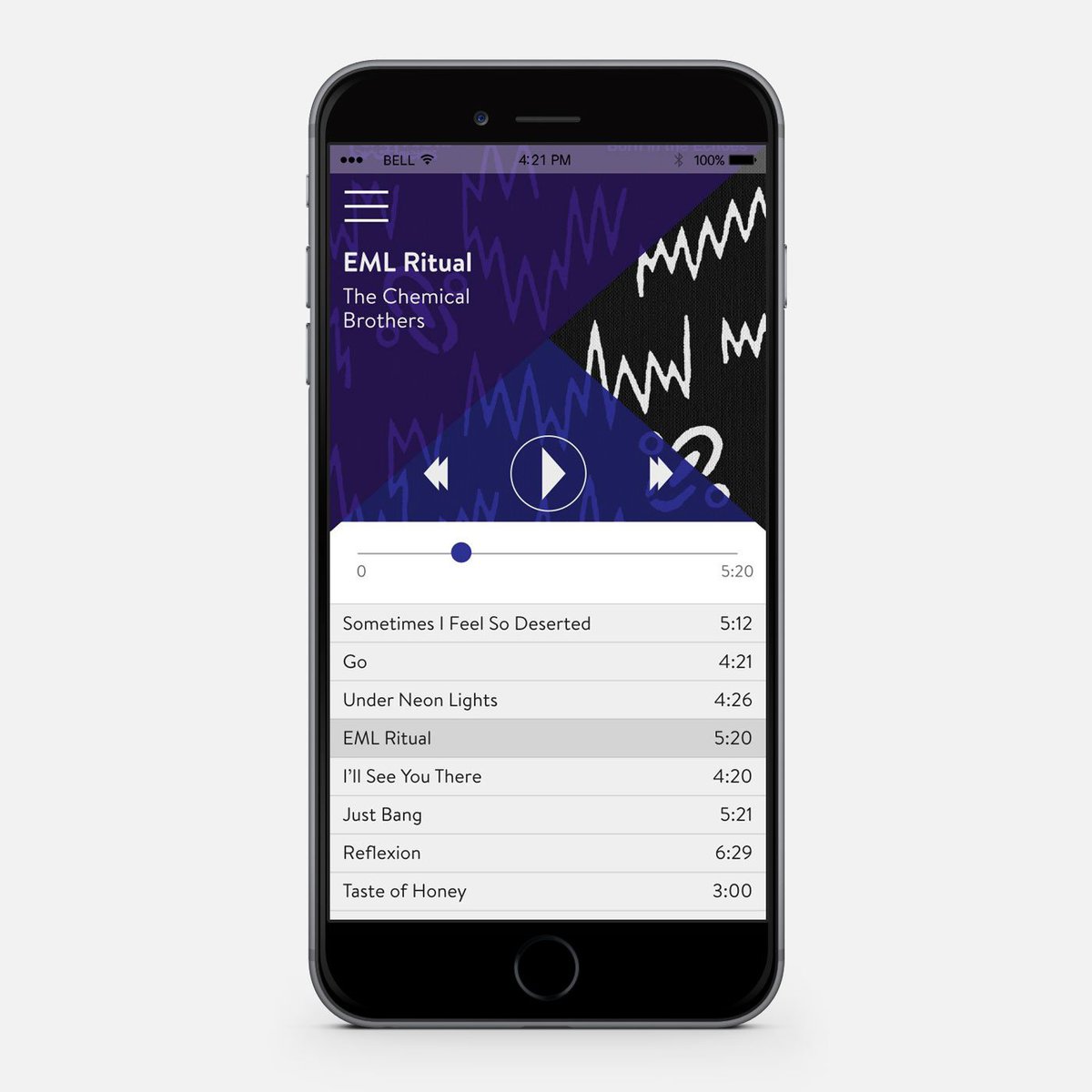 SimoPerinDesign's tweet photo. Designing a music player I could only choose a song of The Chemical Brothers :) #dailyUI #UI #mobile https://t.co/QFmqO339qp