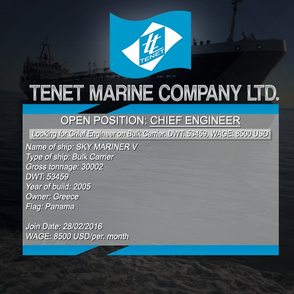 TenetCo's tweet photo. Urgent! Actual #seafarer #vacance #job #jobatsea #search #chief_engineer #bulk_carrier #crewing #marine https://t.co/tQ8kwC88RQ