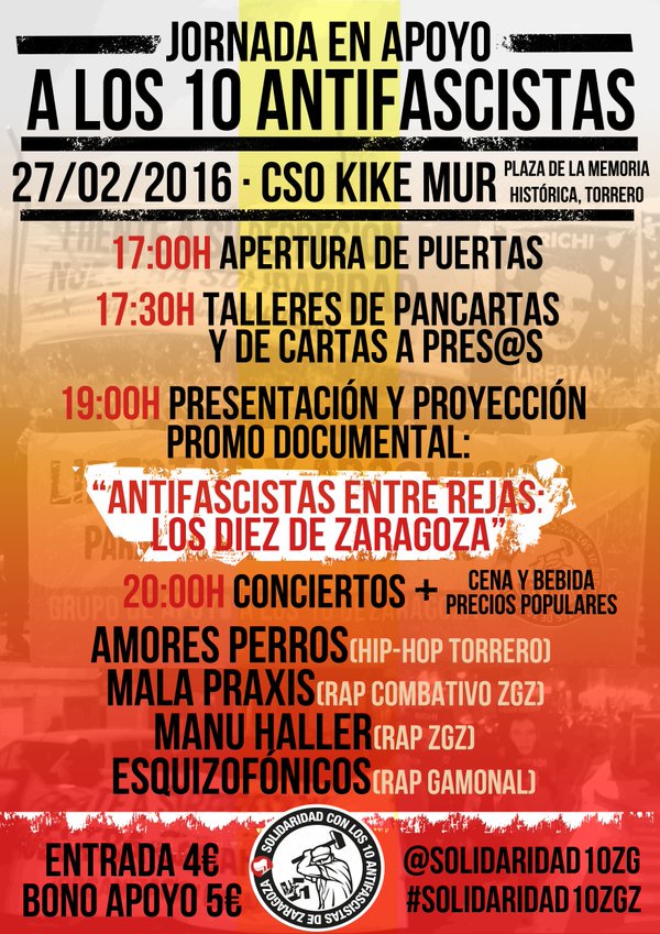 AntifaCiempo's tweet photo. ¡Jornada en apoyo a los 10 antifascistas el #27F en el CSO Kike Mur! Org: @Solidaridad10Zg #Solidaridad10Zgz https://t.co/pxw4ku1Kdk