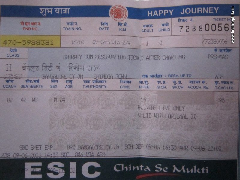 A #Railway ticket for Bengaluru to Shivamogga,two Kannada speaking towns, has info printed in English & Hindi only.