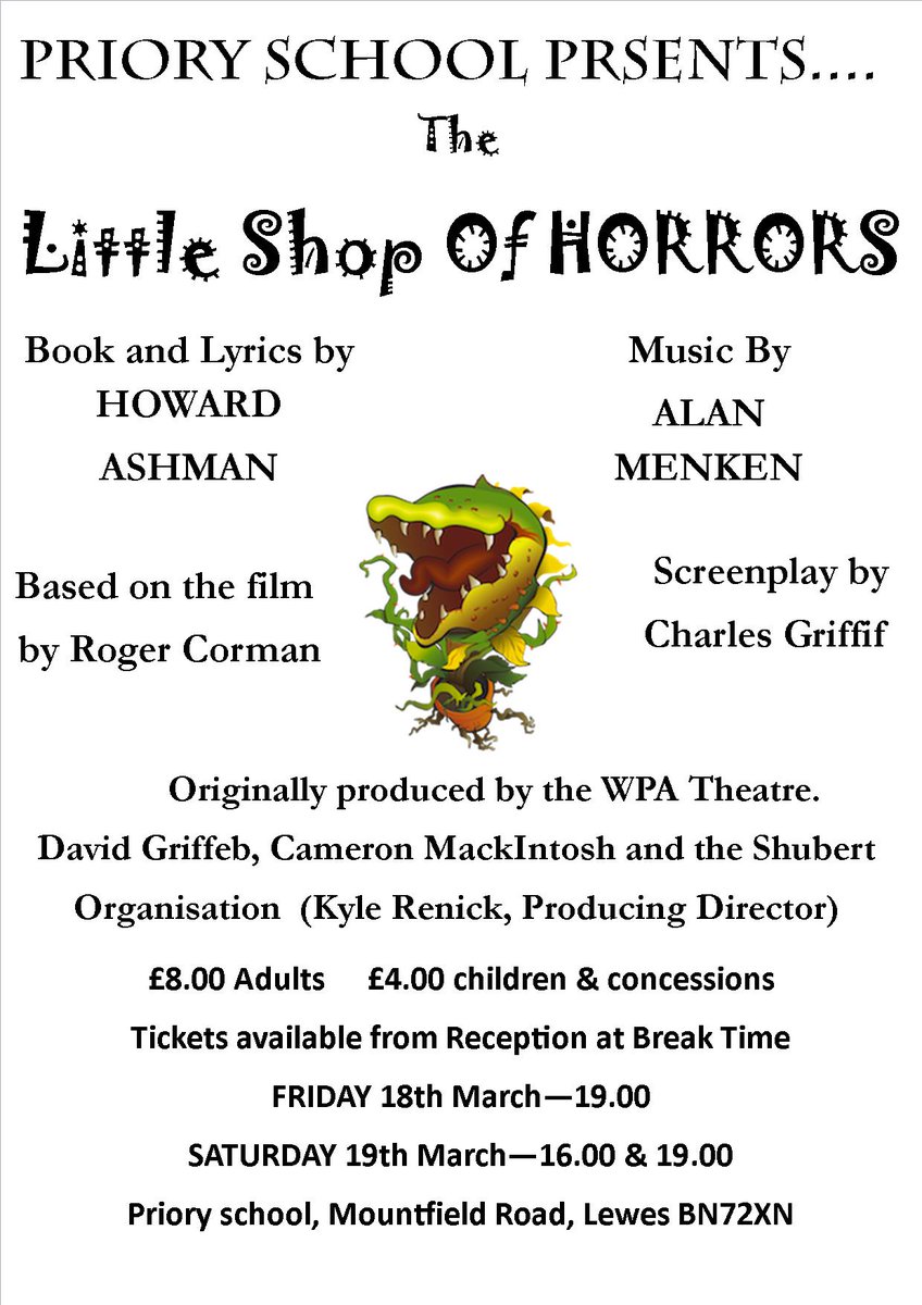 ShowOf2Halves's tweet photo. Don't miss the The Little Shop of Horrors at Priory School.
Fri 18 &amp; Sat 19 March.
Tickets on sale today! https://t.co/qv6AlIWdWu