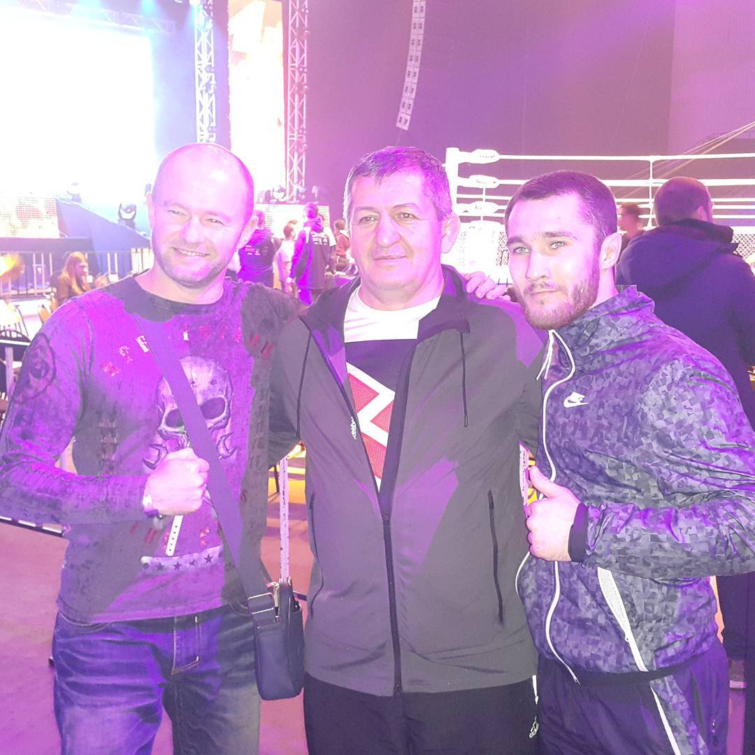 M1GlobalNews's tweet photo. M-1 fighter Sergei Morozov with Abdulmanap Nurmagomedov who was preparing him for the fight at #M1Challenge64. #MMA https://t.co/S4ARKYm75f