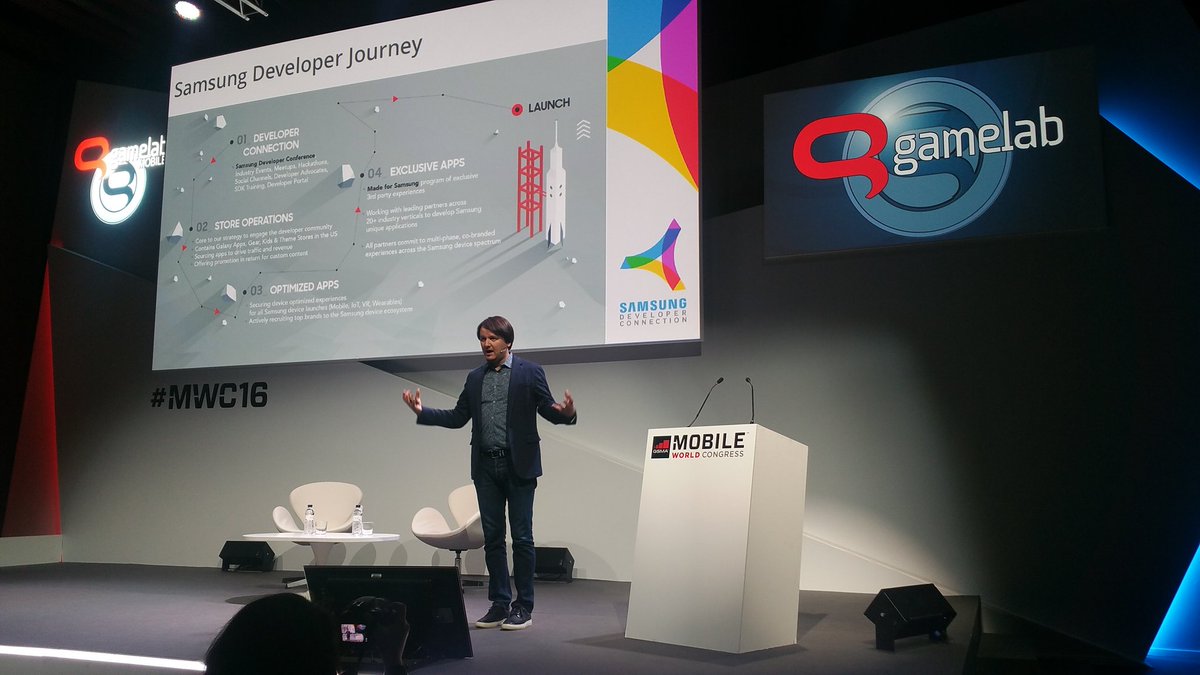 gamelab's tweet photo. Mihai Pohontu speaks about @samsung_dev journey #MWC16 #futureplaygrounds https://t.co/EDe8QMwGcQ