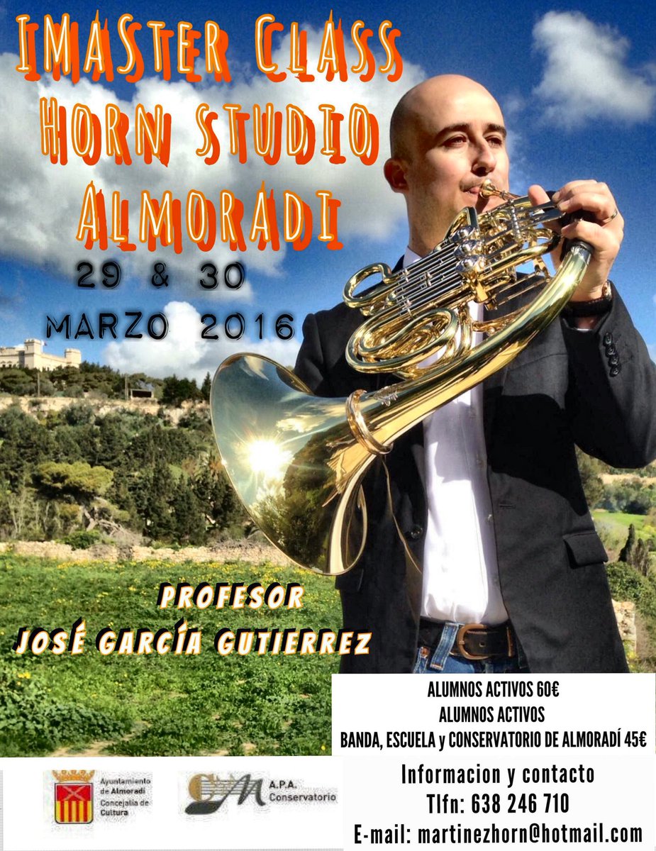 m_miki_103's tweet photo. I Master Class "Horn Studio Almoradí" 29 y 30 de Marzo de 2016. Para mayor información por privado. #OsEsperamos RT! https://t.co/Tp7u4B9pcT
