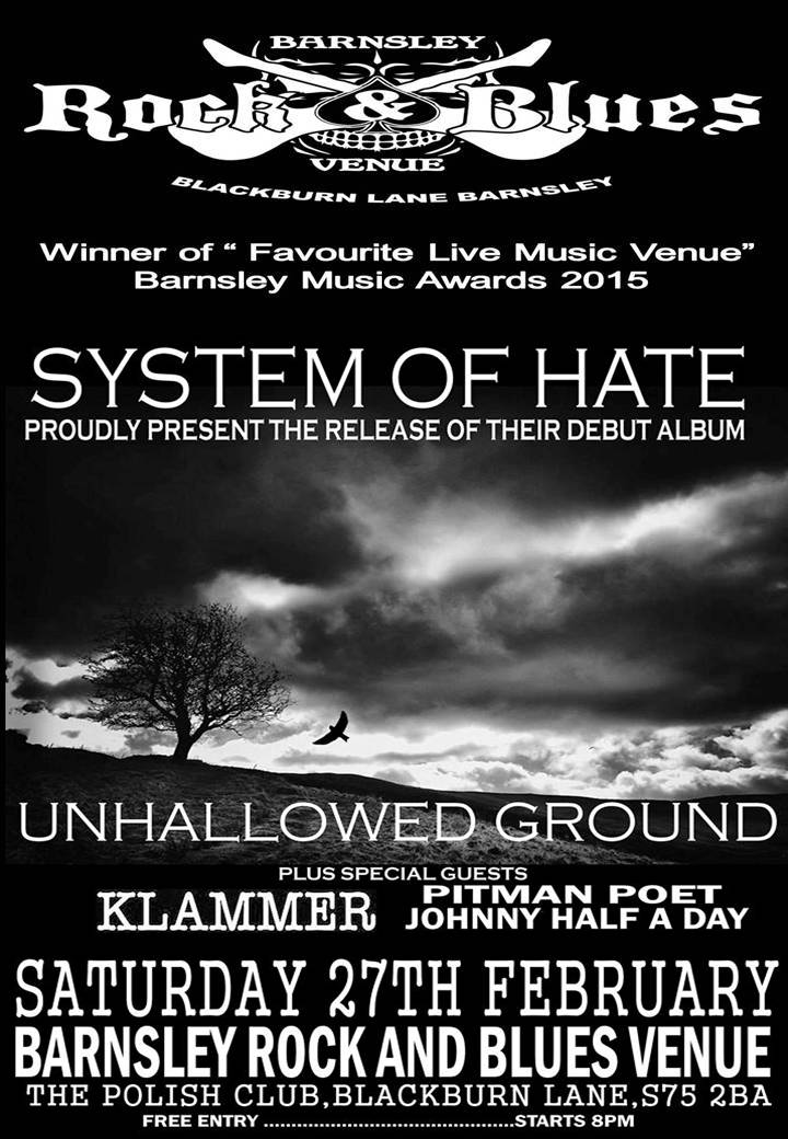 Saturday: System Of Hate Album Launch Party 
<a href="/gr8musicvenues/">gr8MusicVenues</a> <a href="/BARNSLEY_LIVE/">barnsleylive.co.uk</a>